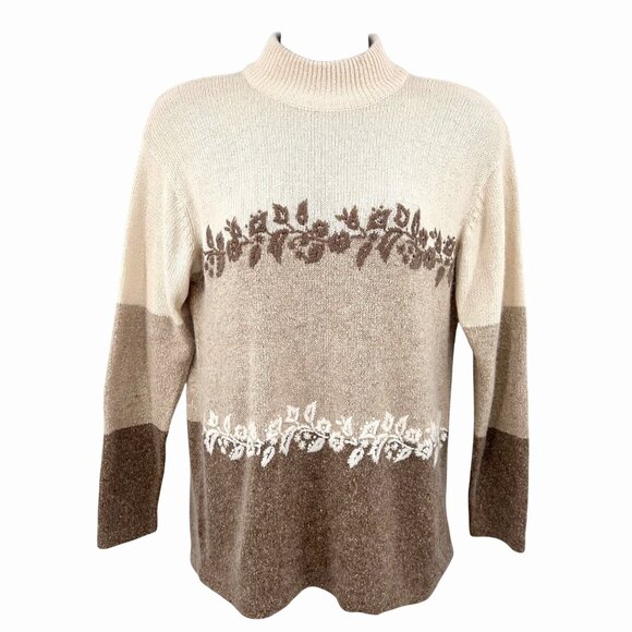VINTAGE SEGUE MULTI HUE IVORY BEIGE BROWN FLORAL SILK ANGORA MOCK NECK SWEATER M - Picture 1 of 4